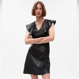GAP, Vegan Leather, Flutter Sleeve, V-Neck  A-Line‎ Mini Dress, Black Sz 10 Tall